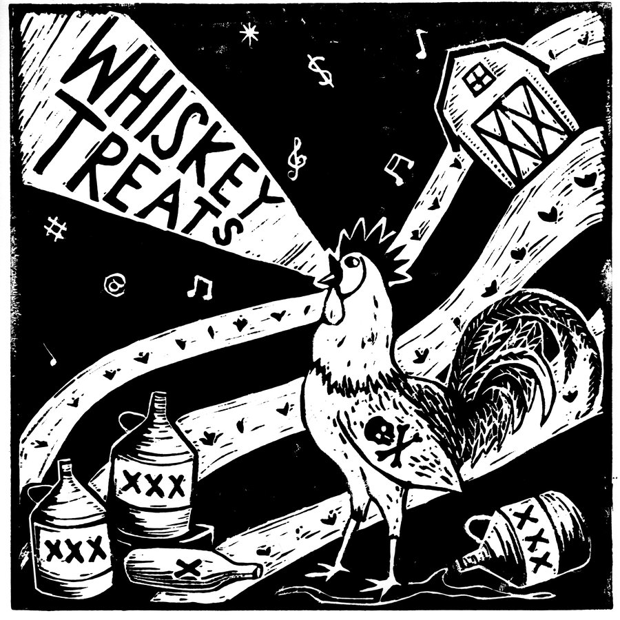 Treat Yourself EP cover, a linocut rooster with whiskey jugs
